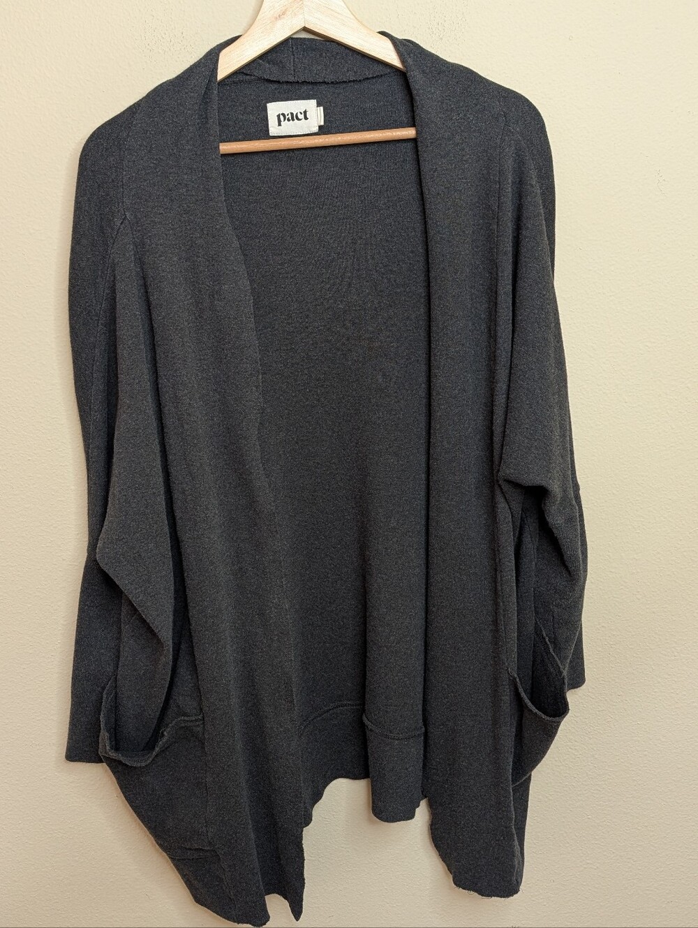 Pact Organic Cotton Open Front Cardigan Cocoon Dolman Pockets Charcoal Gray S/M